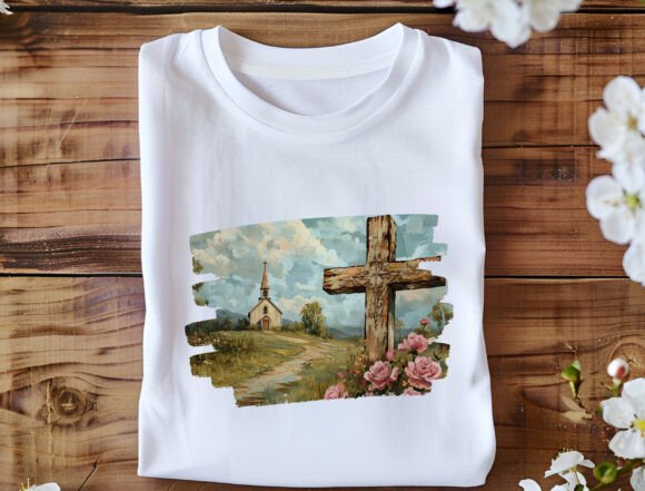 Wooden Cross with Church Png, Christian